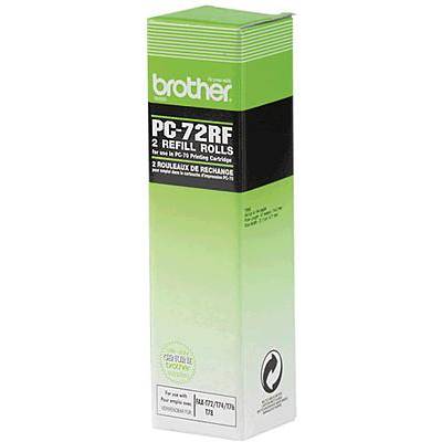 Une boîte verte portant l'inscription « Brother PC-72RF 2 Refill Rolls » pour recharges d'encre de télécopieur.