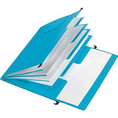 Classeur bleu ouvert avec plusieurs compartiments, partiellement rempli de feuilles blanches. Adapté pour l'organisation de documents.