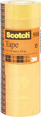 Rouleau de ruban adhésif jaune de la marque Scotch avec inscription 'Tape' et numéro de produit 508. Dimensions : 8 rouleaux, 19 mm x 33 m.
