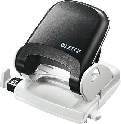 Un perforateur noir et blanc de la marque Leitz est posé sur une surface.