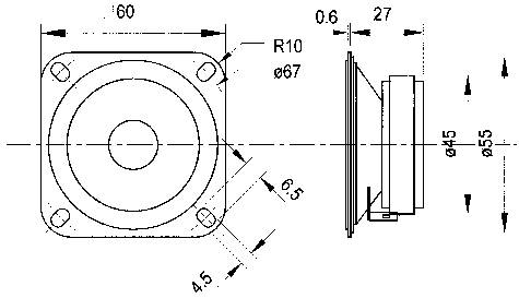 Dessin technique d'un haut-parleur avec dimensions : largeur 60 mm, hauteur 67 mm, profondeur 27 mm. Présente une vue de face et une vue latérale.