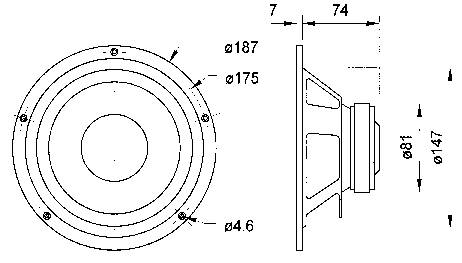 Dessin technique d'un haut-parleur rond avec vue de face et de côté. Dimensions : diamètre 187 mm, profondeur 74 mm, perforations 4,6 mm.