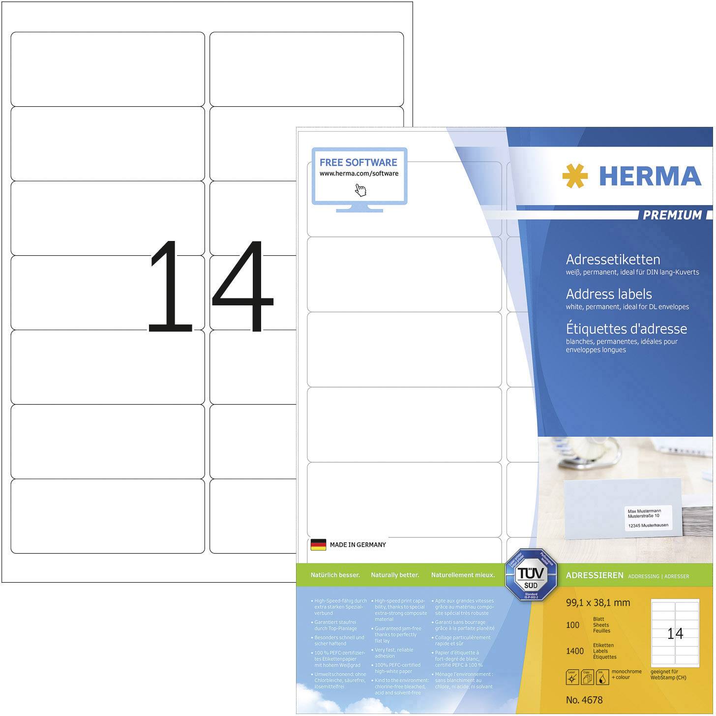Un paquet d'étiquettes d'adresse HERMA avec 14 étiquettes rectangulaires par feuille, adaptées aux imprimantes jet d'encre et laser.