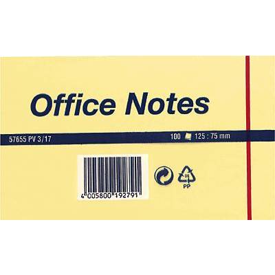 Bloc-notes Post-it jaune avec l'inscription 'Office Notes', format 125x75 mm, 100 feuilles, code-barres en bas.