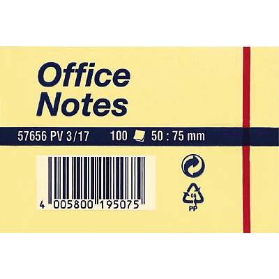 Paquet de blocs-notes jaunes 'Office Notes', format 50 x 75 mm. Code-barres et symbole de recyclage en bas.