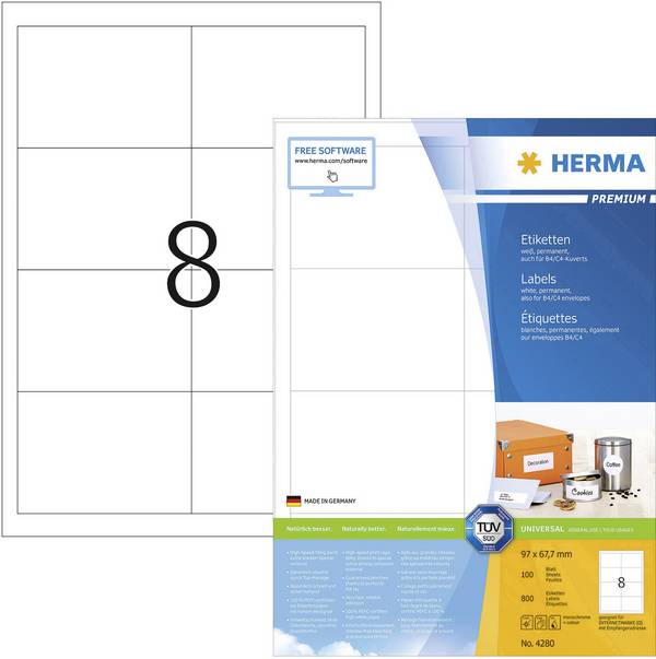 Herma 4280 Etiquette universelles 97 x 67.7 mm papier blanc 800 pc(s) fixation permanente  imprimante à jet d'encre, imprimante laser, imprimante laser couleur, photocopieuse, photocopieuse couleur, inscription à main
