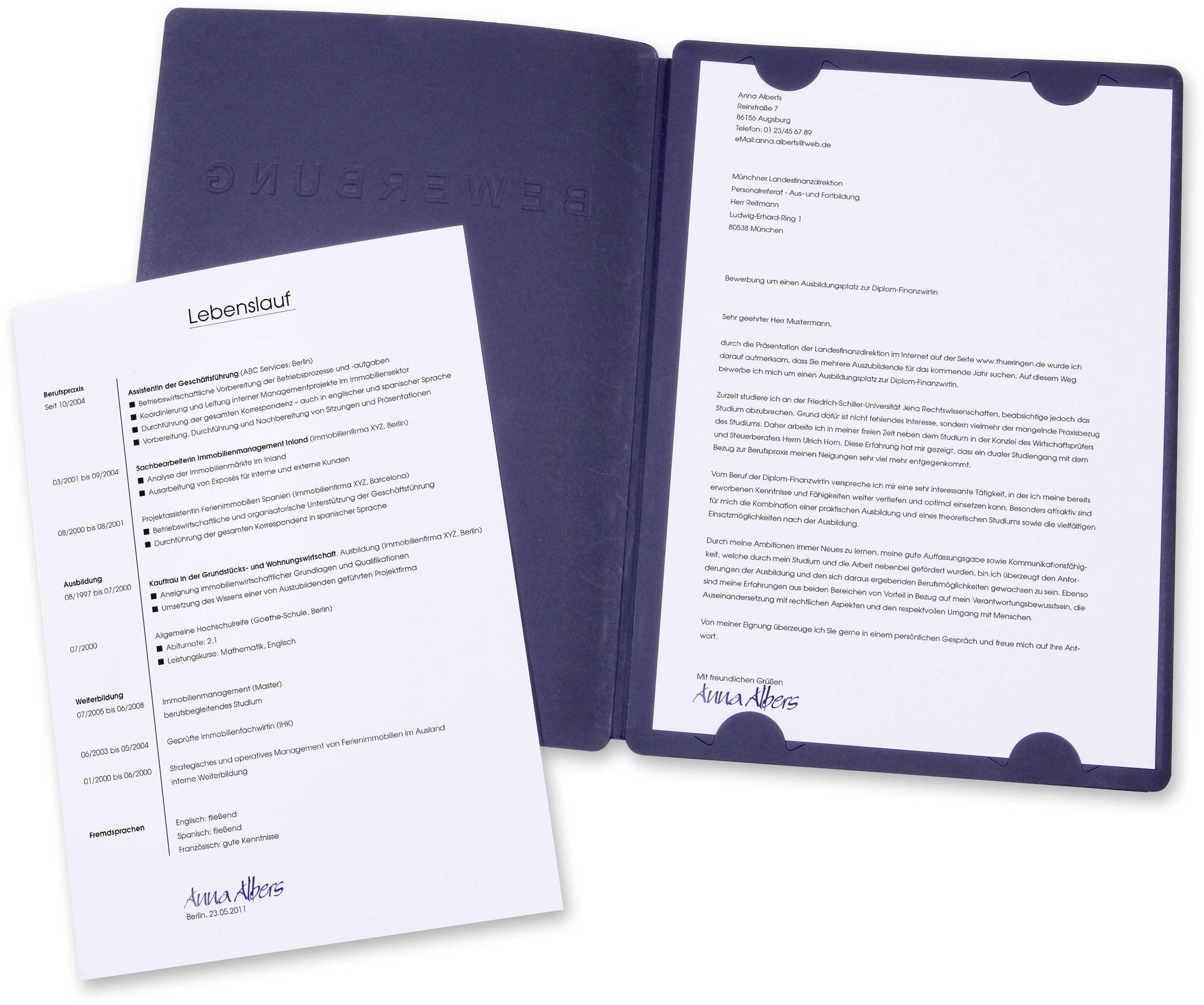 Deux pochettes de candidature bleues contenant un curriculum vitae et une lettre de motivation. Le curriculum vitae présente les étapes professionnelles et les qualifications.