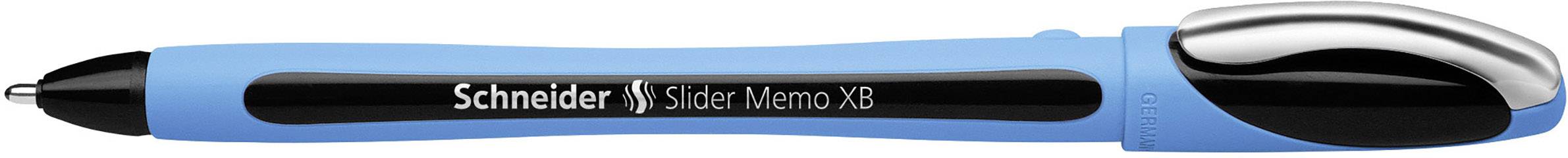 Un stylo à bille bleu avec un manche et un clip noirs. Le texte de marque 'Schneider Slider Memo XB' est imprimé sur le corps du stylo.