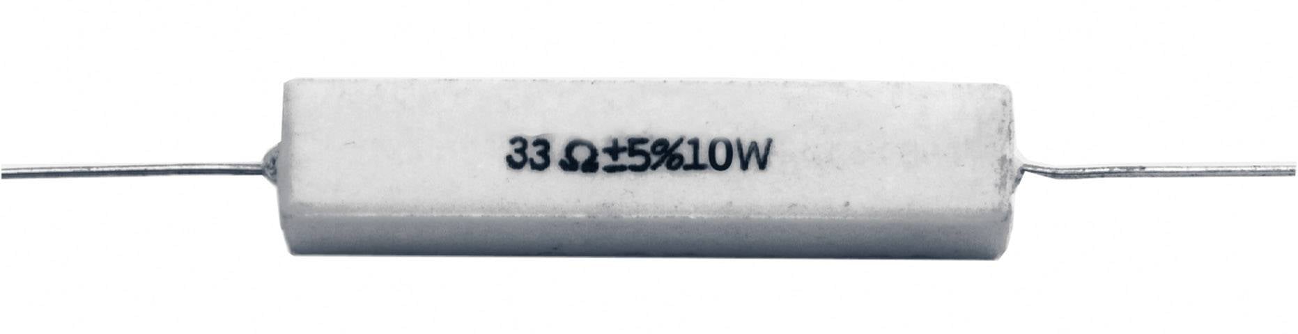 Un résisteur blanc cylindrique portant l'inscription '33 Ω ±5% 10W' avec deux connexions de fil à ses extrémités.