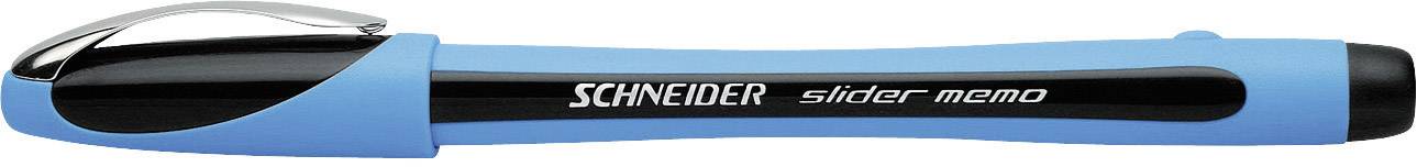 Un stylo à bille bleu avec un clip noir et argenté. Inscription : 'Schneider slider memo'.