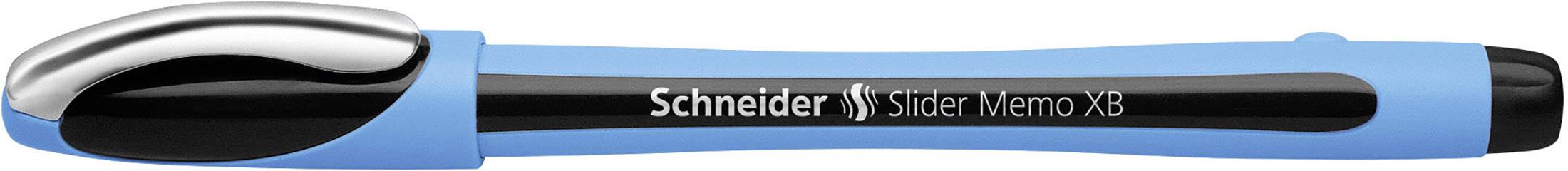 Un stylo à bille bleu avec un manche noir et un embout argenté, marque 'Schneider Slider Memo XB'.