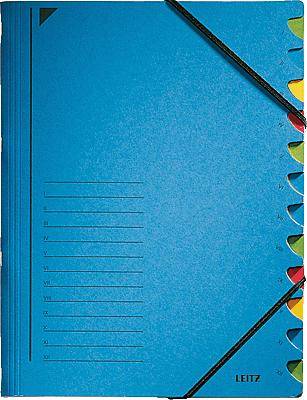 Classeur bleu avec intercalaires de différentes couleurs sur le côté et des élastiques pour maintenir les documents en place.