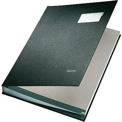 Un classeur noir ouvert portant l'inscription 'Leitz', révélant du papier beige à l'intérieur.
