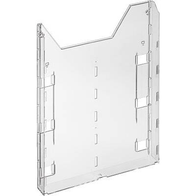 Porte-revues en plastique transparent et vide, positionné verticalement, sans contenu ni inscription visible.