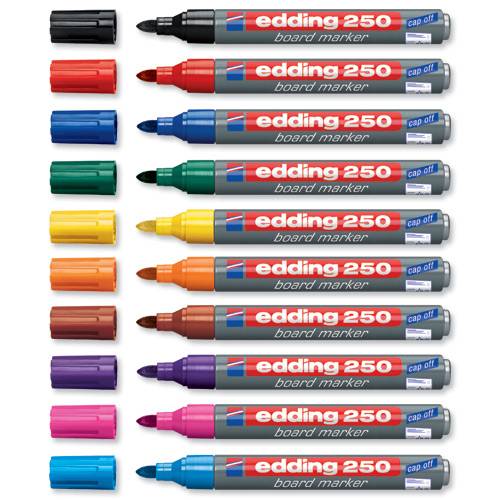 Plusieurs marqueurs pour tableau blanc Edding 250 de différentes couleurs, alignés côte à côte, chacun avec son capuchon assorti, allant du noir au rouge jusqu'au rose.