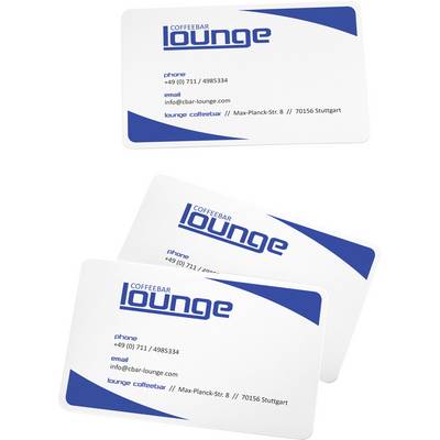 Carte de visite avec logo bleu 'lounge', Informations : Numéro de téléphone +49 (0) 711 / 4985334, E-mail info@cbar-lounge.com, Adresse Max-Planck-Str. 8, 70156 Stuttgart.