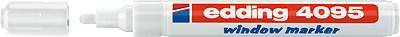 Un marqueur craie Edding 4095 blanc avec le capuchon retiré, utilisé pour le verre ou les surfaces lisses.