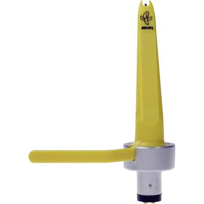 Un système de remplacement de pointe jaune pour une platine tourne-disque de DJ, montrant une pointe et un bras avec un logo à son extrémité.