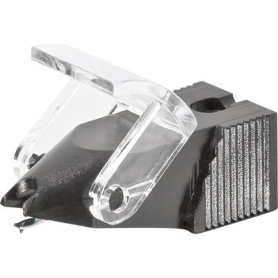 Pointe de lecture de tourne-disque avec protection transparente et boîtier noir, utilisée pour la lecture de disques vinyles sur des platines tourne-disques.