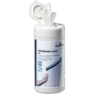 Boîte de lingettes 'Whiteboard Clean', illustrée avec une main nettoyant un tableau blanc.