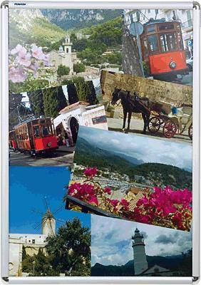 Différentes photos d'une région paysagère : Wagon de tramway rouge, calèche, moulin à vent, phare et paysages montagneux.