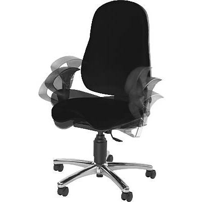 Chaise de bureau noire sur roulettes avec accoudoirs réglables et dossier haut, adaptée à une assise ergonomique au bureau.