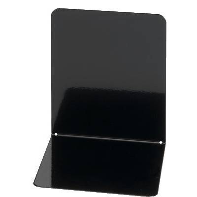 Appui-livre noir, debout verticalement, avec base inclinée pour une stabilité optimale. Conçu pour soutenir les livres.