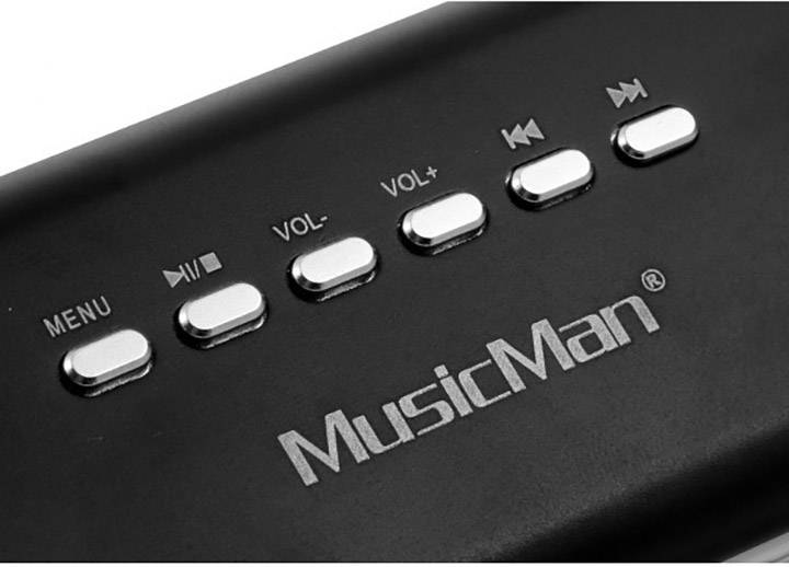 Haut-parleur MusicMan noir avec touches de contrôle : Menu, Lecture/Pause, Volume moins, Volume plus, Précédent, Suivant.
