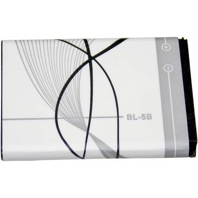 Une batterie rectangulaire blanche avec des motifs de lignes gris et noirs, des symboles plus et moins en haut, et le numéro de modèle 'BL-5B' sur le côté.