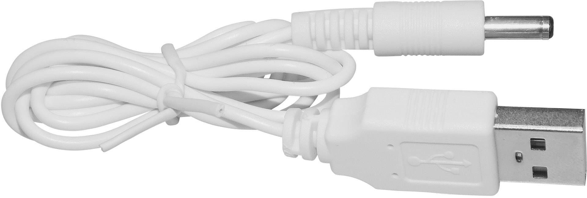 Un câble USB blanc avec une connexion USB et un connecteur cylindrique, enroulé et prêt à être utilisé.