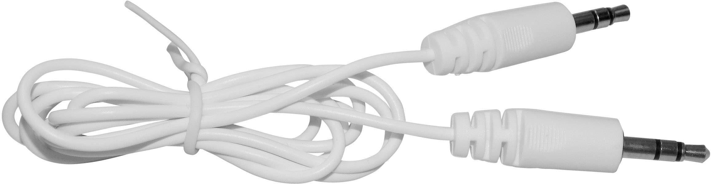 Câbles audio blancs avec deux fiches à chaque extrémité, enroulés et maintenus ensemble par un serre-câble.