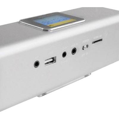 Un appareil argenté doté de plusieurs ports : port USB, prises pour casque et écran LED.