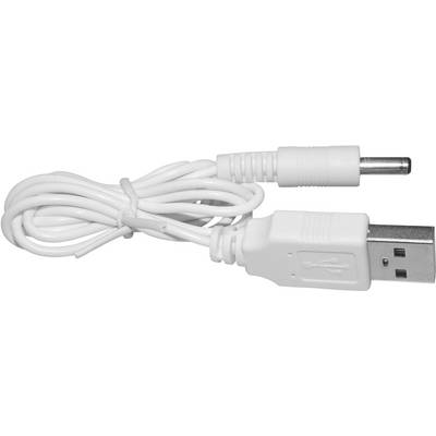 Câble USB blanc avec un connecteur supplémentaire rond et petit, adapté aux appareils électroniques.
