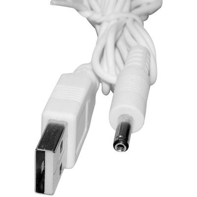 Un câble USB blanc avec une fiche USB rectangulaire sur le côté gauche et une fiche cylindrique ronde sur le côté droit.