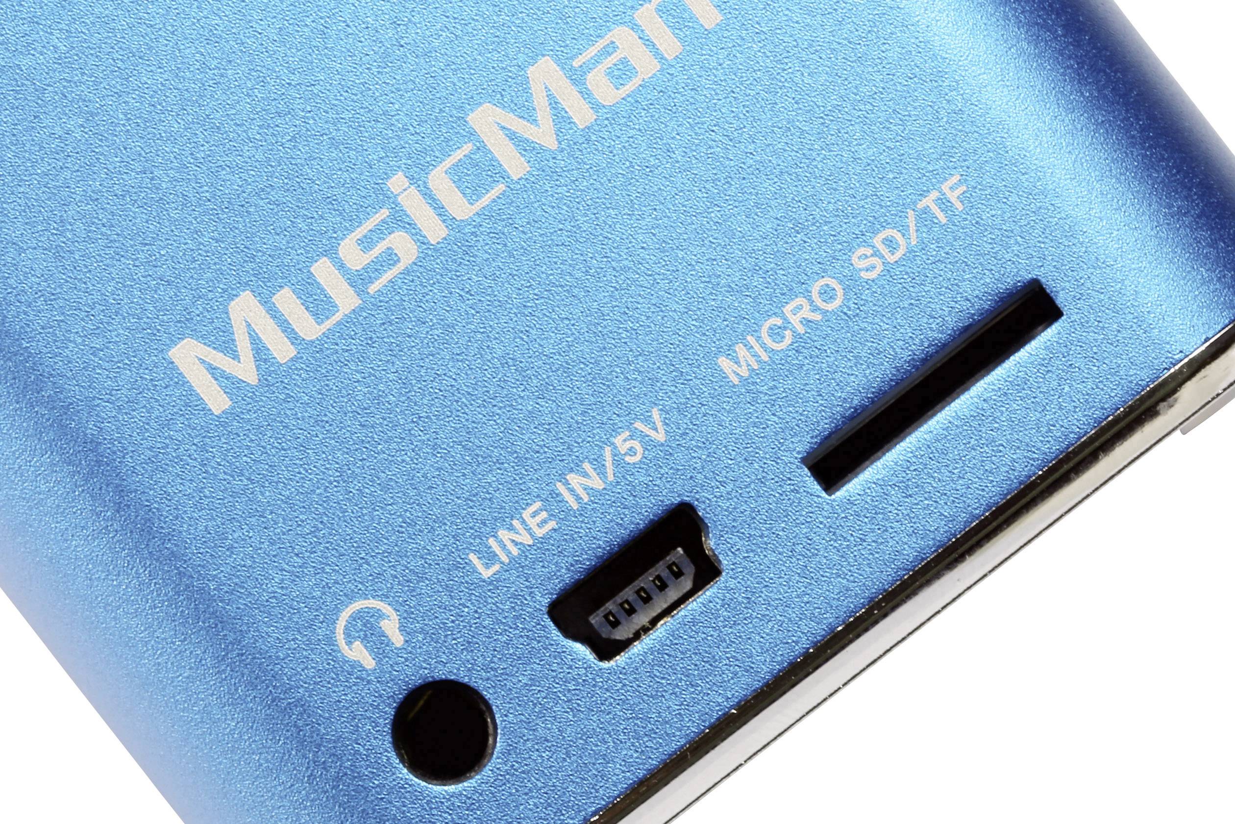 Enceinte portable bleue avec logo 'MusicMan'. Le dessus présente les connexions suivantes : casque, LINE IN/5V, MICRO SD/TF.