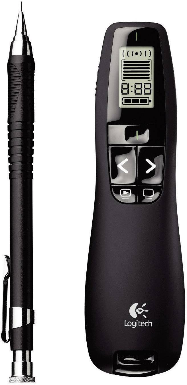 Un présentateur Logitech noir avec écran et un stylo noir. Le présentateur affiche des symboles et une heure numérique.