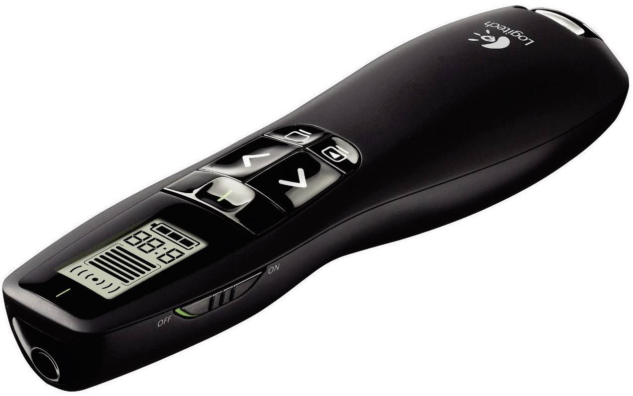 Une télécommande de présentation noire avec des touches de contrôle des diapositives, un minuteur numérique et un pointeur laser vert.