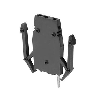 Support noir en plastique avec plusieurs points de fixation et deux bras saillants, utilisé pour le montage de dispositifs.
