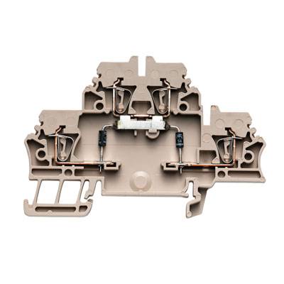 Barrette de connexion en plastique de couleur beige, avec points de fixation et bornes pour connexions électriques. Adapté aux applications industrielles.