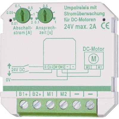 Un relais inverseur pour la surveillance du courant des moteurs à courant continu, montrant les connexions et les réglages du courant de coupure et du temps de réponse.