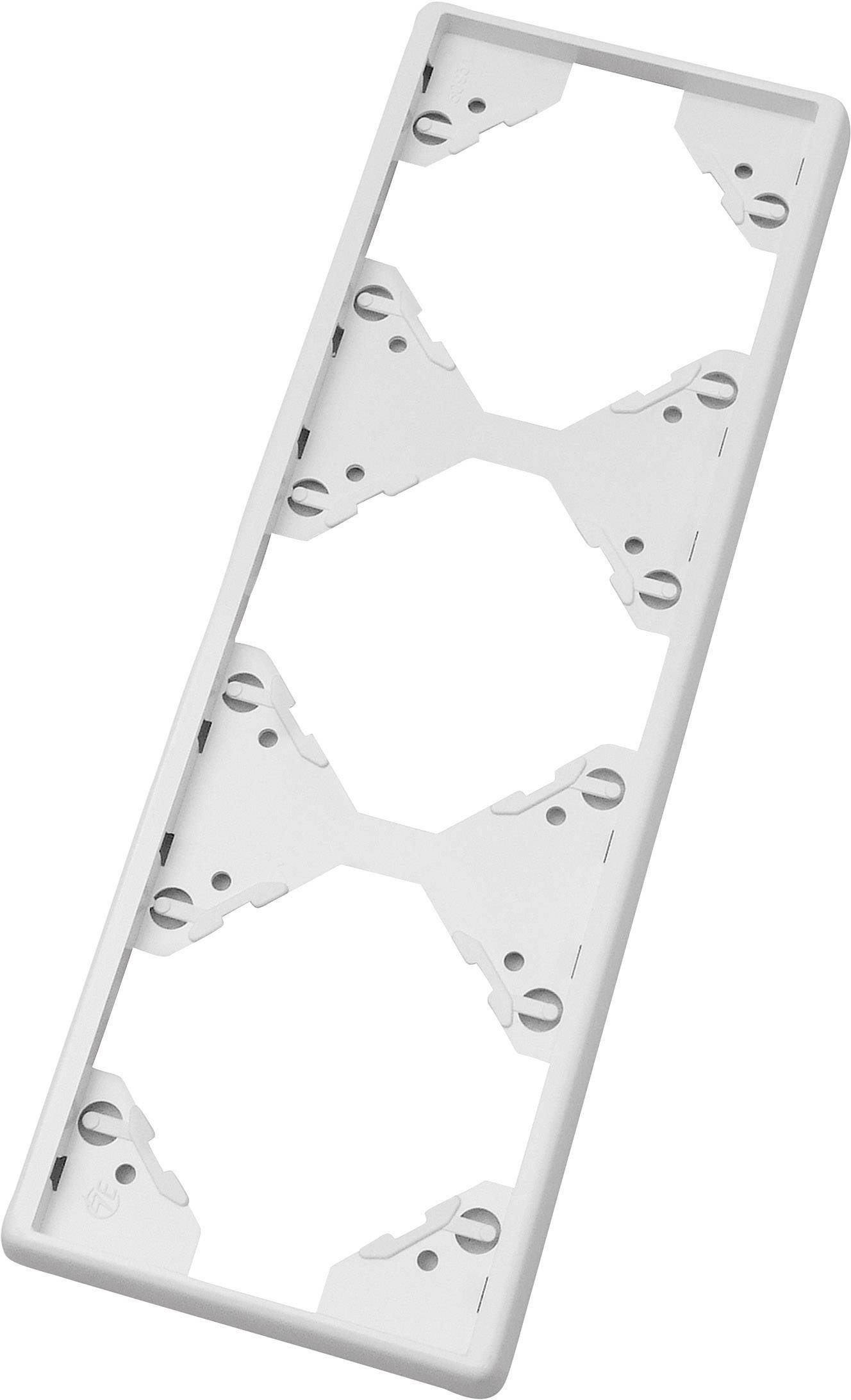 Un cadre rectangulaire blanc avec plusieurs découpes circulaires et triangulaires pour une fixation murale.