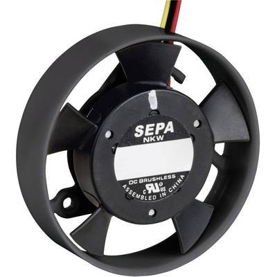 Un ventilateur noir du fabricant SEPA portant les mentions 'DC Brushless' et 'Assembled in China', adapté aux appareils électroniques.