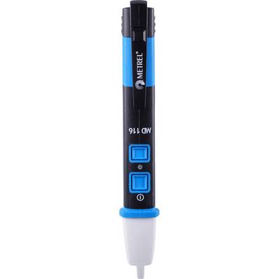Testeur de tension électrique avec boîtier bleu et noir, deux touches bleues, fixation par pince en haut, pointe de mesure blanche en bas.