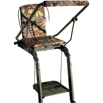Siège de chasse avec rembourrage camouflage, accoudoir relevable et repose-pieds.