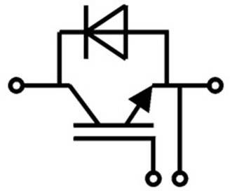 'Symbole de commutation d'un thyristor avec deux bornes sur les côtés gauche et droit ainsi qu'une borne de commande en bas.'
