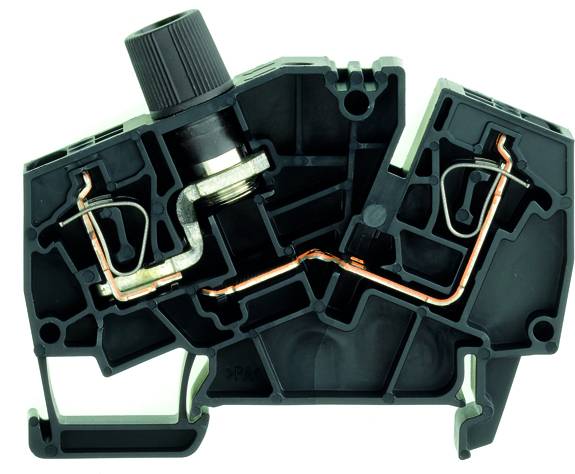 Coupe transversale d'un bloc de connexion électrique avec des connexions métalliques et un boîtier en plastique, montrant la structure interne et les chemins de conduction.
