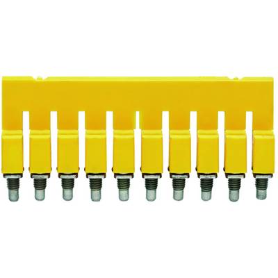 Connecteur de rail jaune visible avec huit vis ; utilisé pour la connexion électrique de plusieurs conducteurs dans un armoire électrique.