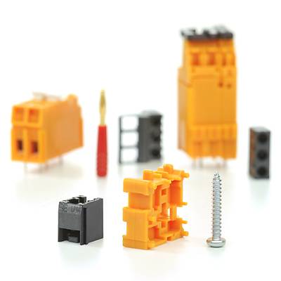 Plusieurs connecteurs orange et noirs et une vis sur un fond blanc, avec un focus sur les composants de connexion.