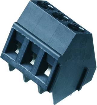 Bloc de connexion noir à trois pôles, avec broches situées sous la surface, adapté aux connexions électriques dans les circuits électroniques.