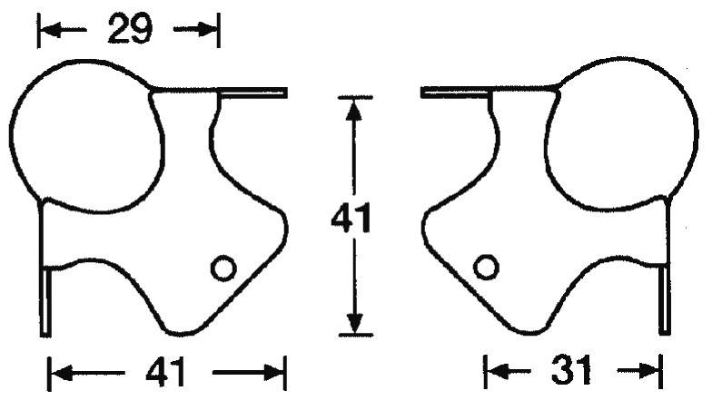 'Deux dessins techniques symétriques de profils comportant chacun des cercles et des rectangles. Dimensions : en haut 29, sur les côtés 41, en bas 31 unités.'